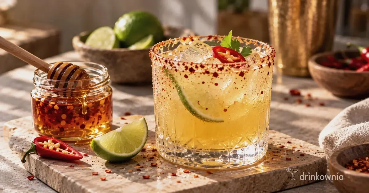 Bezalkoholowy Apple Hot Honey Fizz z jabłkiem, cytryną i syropem miodowo-chili, podany z lodem.