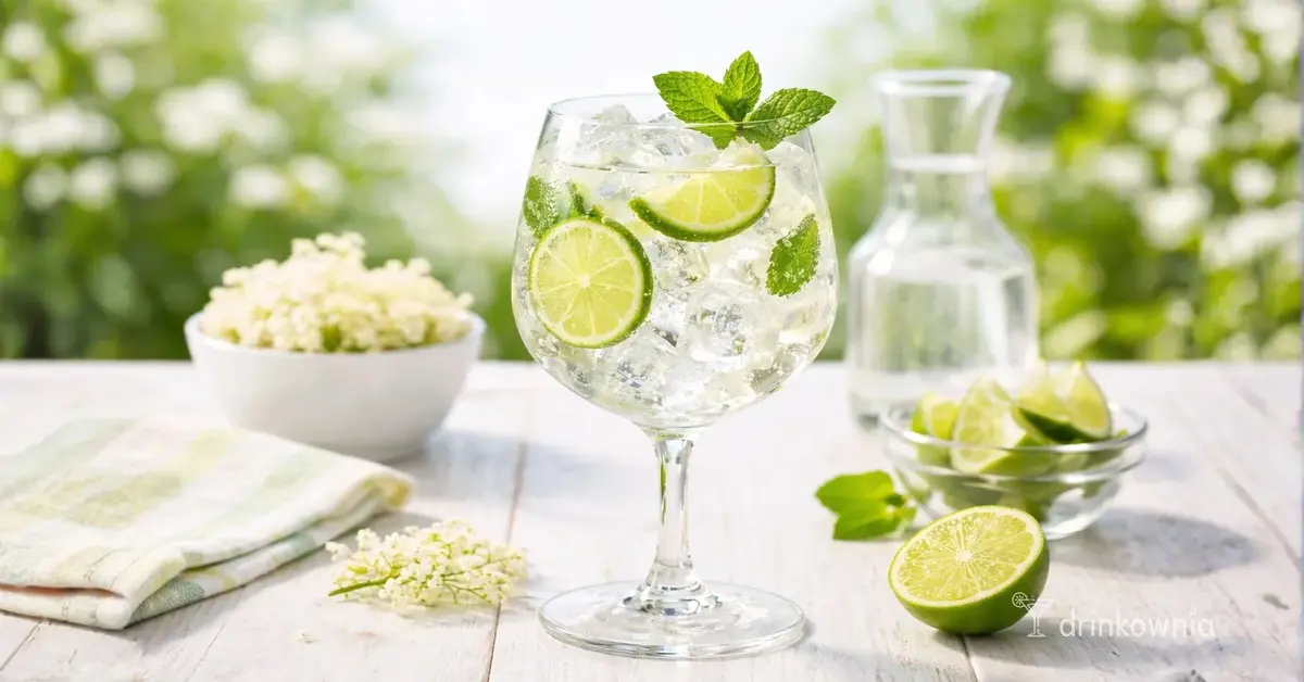 Bezalkoholowy Hugo Spritz 0% w kieliszku do wina z lodem, limonką i miętą, lekki wiosenny mocktail na dzień