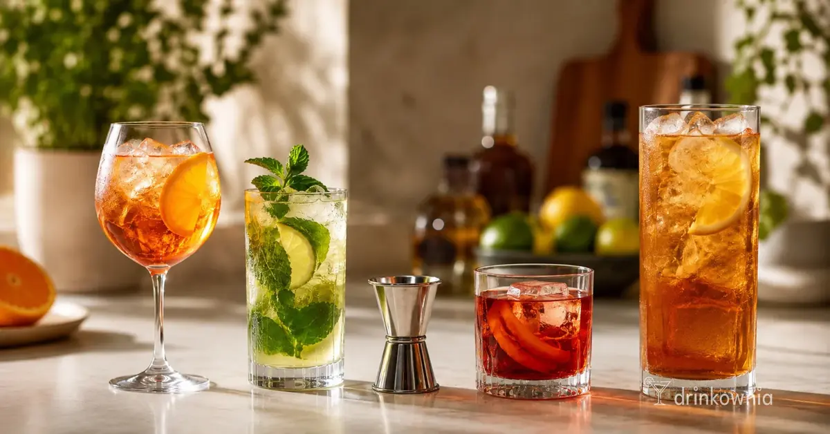 Cztery popularne drinki o różnej mocy z miarką barmańską – porównanie ABV