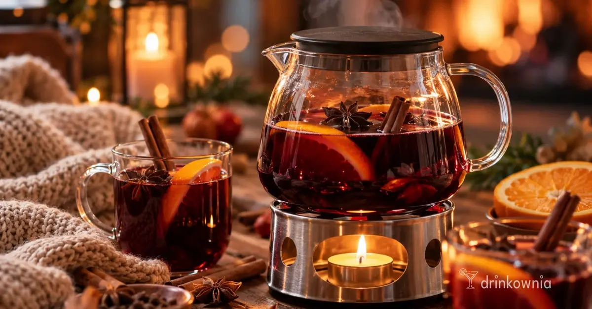 Grzane wino w szklanym dzbanku na podgrzewaczu ze świeczką, obok kubek z pomarańczą i cynamonem.