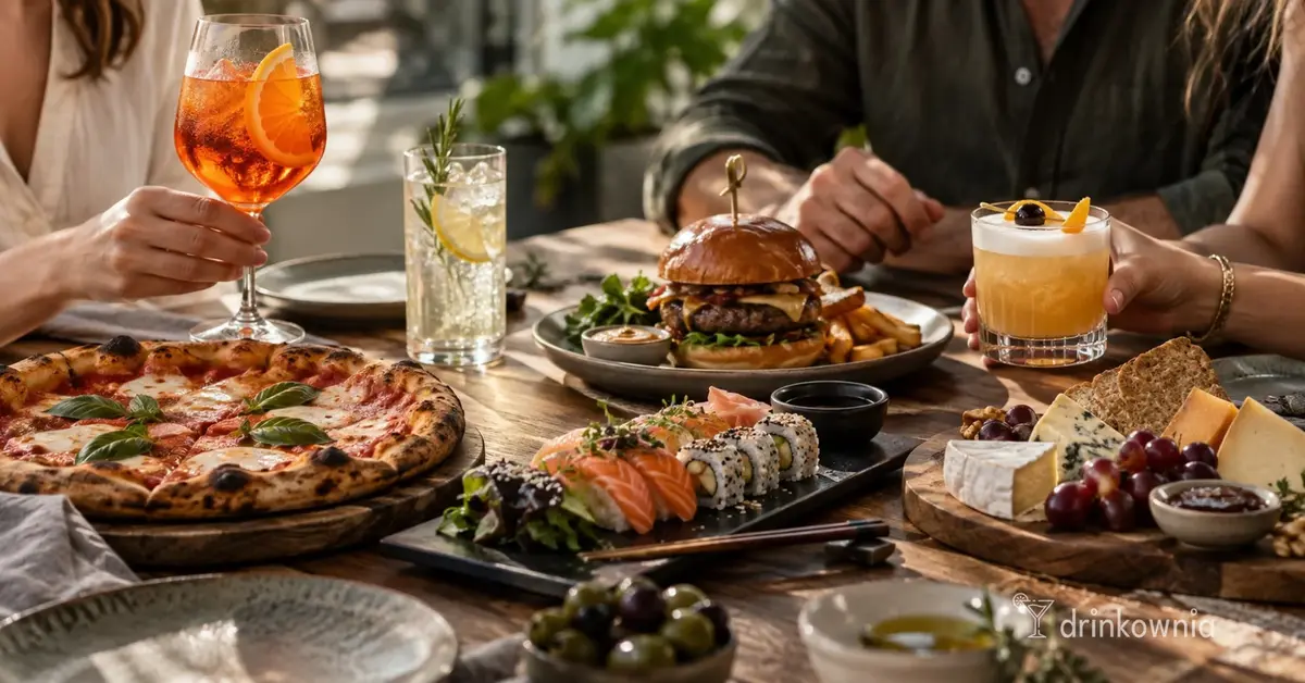 Pizza, sushi, burger i sery podane z różnymi drinkami na wspólnym stole.