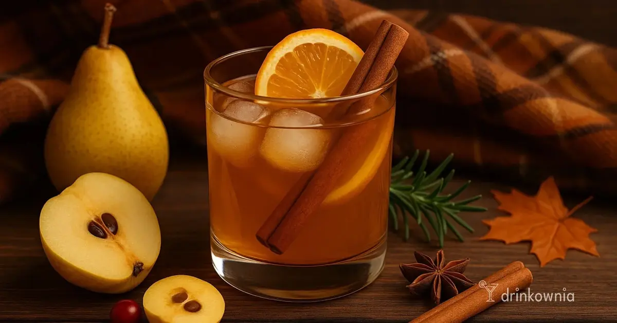Jesienny drink z gruszką, pigwą i cynamonem na tle koca w kratę i liści – ciepły, aromatyczny klimat jesieni.