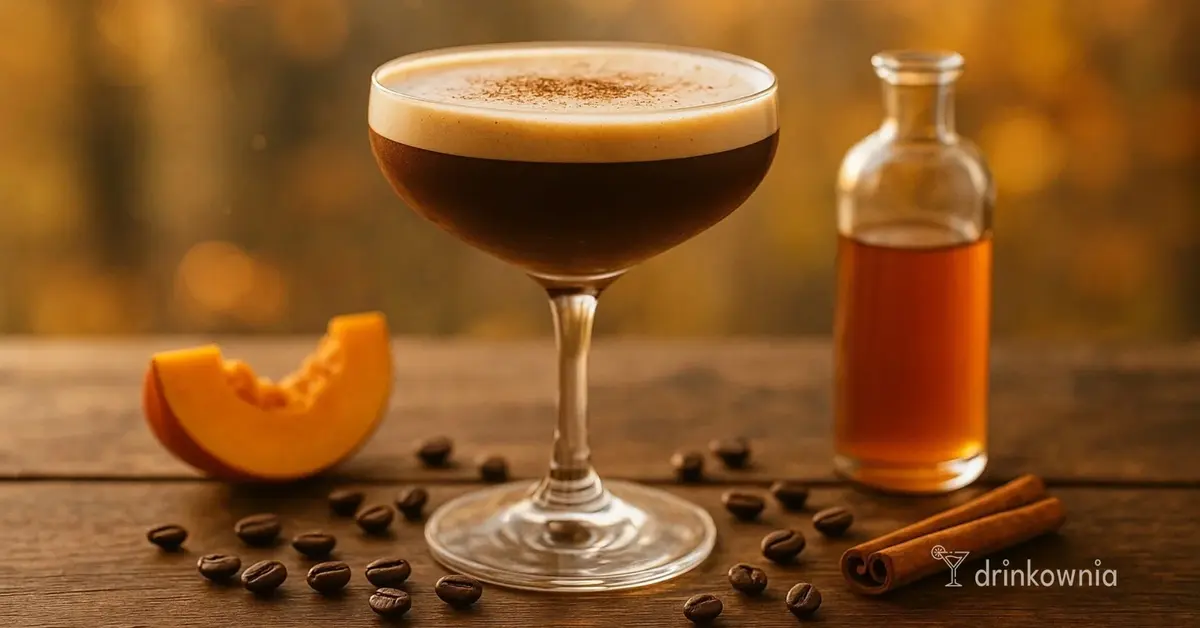 Jesienne Martini z kawą i dynią w kieliszku coupe, otoczone ziarnami kawy, dynią i cynamonem w ciepłym świetle.