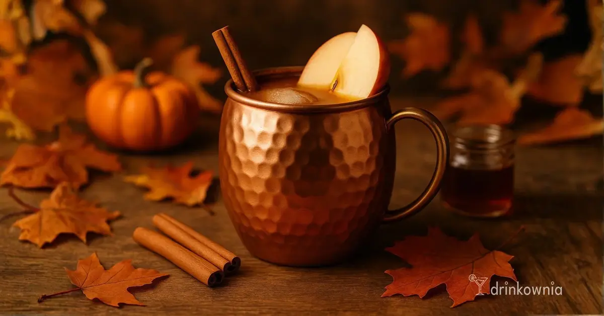Jesienny drink w miedzianym kubku z dynią, cynamonem i jabłkiem w ciepłym świetle, otoczony liśćmi.