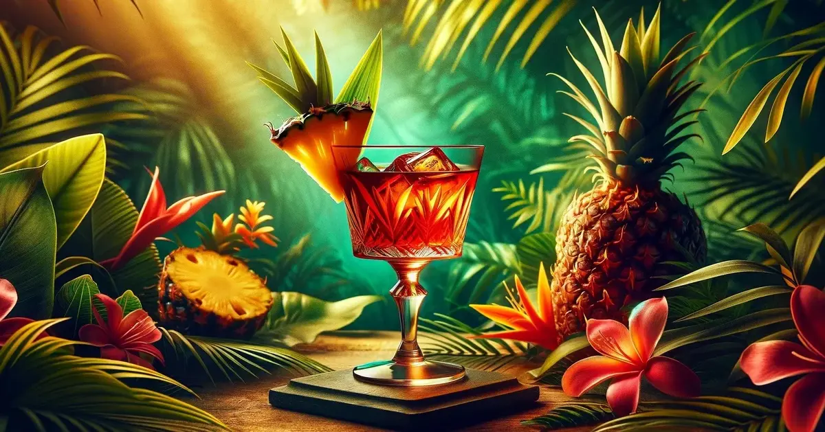 Zdjęcie prezentuje tropikalny drink Jungle Bird - w scenerii dżungli, ozdobiony ananasem.