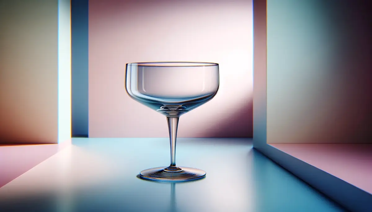 Zdjęcie przedstawia pusty szklany kieliszek typu coupé z szeroką misą i krótką nóżką, idealny do klasycznych drinków.