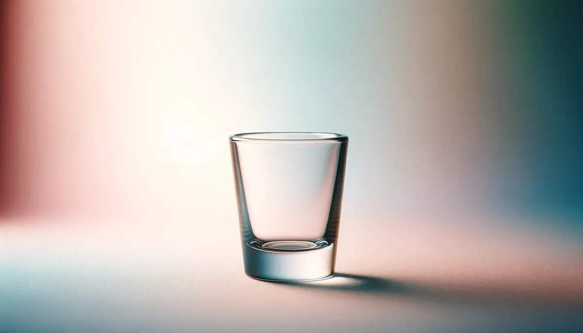 Zdjęcie przedstawia kieliszek do shotów, idealny do mocnych alkoholi, prosty, szklany, na pastelowym tle.