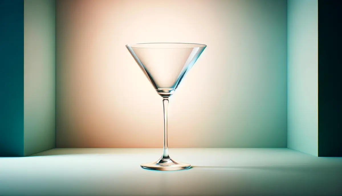 Zdjęcie prezentuje pusty szklany kieliszek do martini o stożkowym kształcie i wąskiej nóżce, na pastelowym tle. 