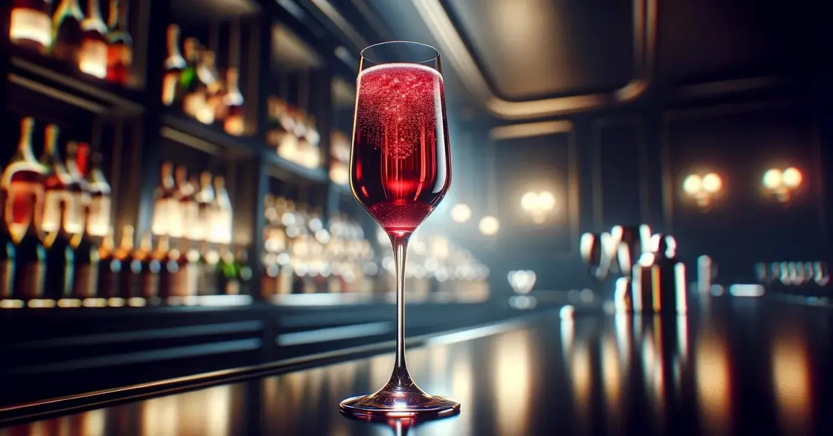 Czerwony drink Kir Royal w kieliszku typu flute stojący na barze. 