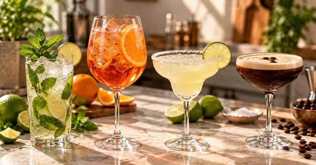 Cztery klasyczne drinki w wersji bezalkoholowej: Mojito, Spritz, Margarita i Espresso Martini.