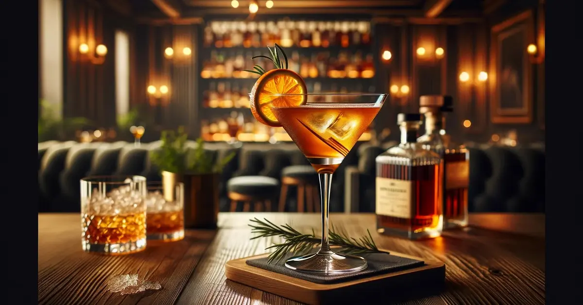 Słodki drink dla zodiakalnych Byków - Klonowa Ambrozja w kieliszku do martini, bursztynowy kolor, skórka pomarańczy.