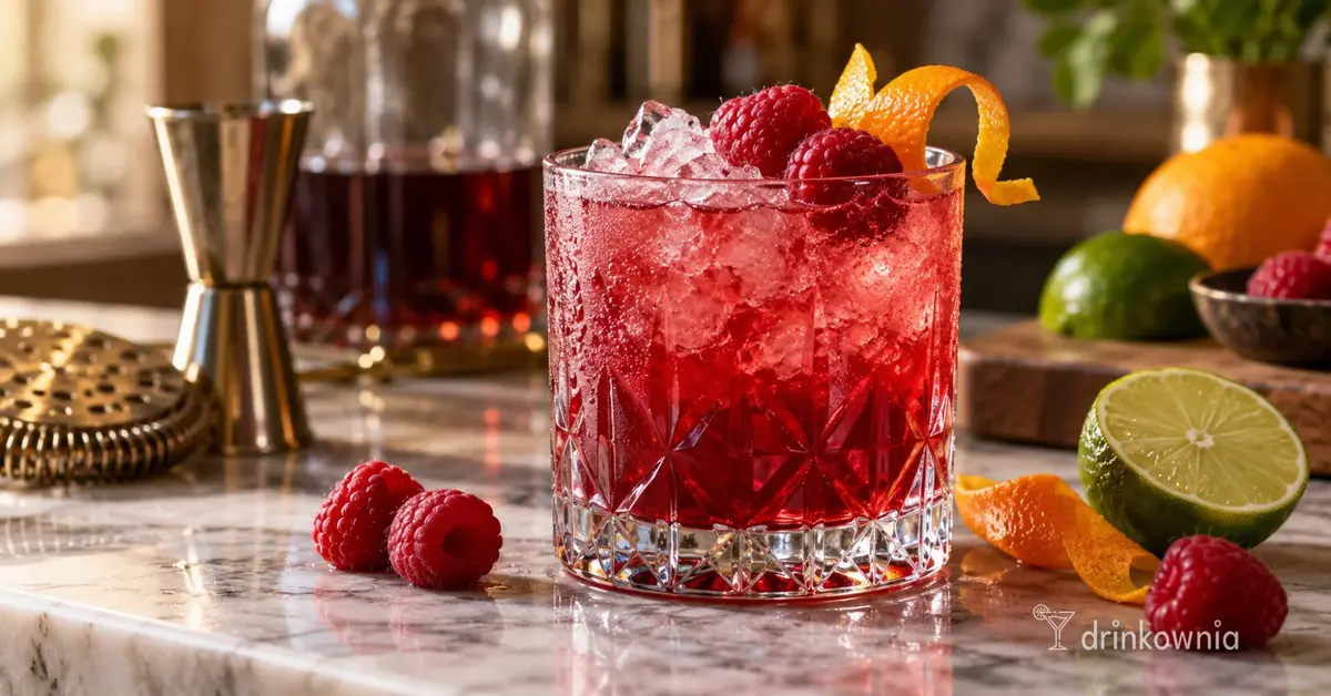 Knickerbocker z rumem, maliną i limonką podany na kruszonym lodzie z pomarańczową skórką
