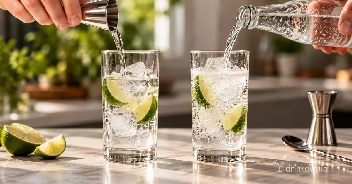 Dwie szklanki gin z tonikiem podczas eksperymentu z kolejnością dodawania składników.