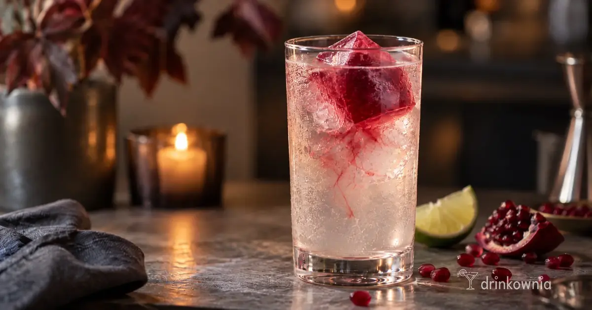 Krwawiący drink na Halloween z czerwoną kostką lodu i smugami soku granatu w wysokiej szklance.
