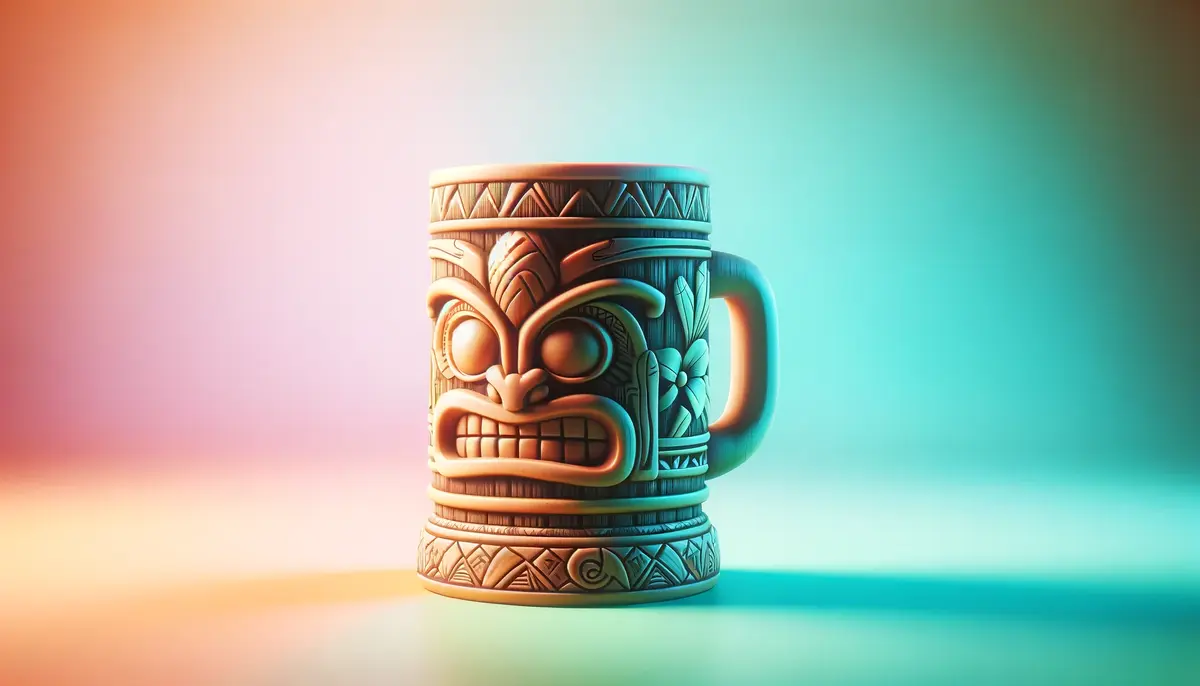 Zdjęcie przedstawia kubek tiki, zdobiony motywami polinezyjskimi, idealny do serwowania drinków tropikalnych.