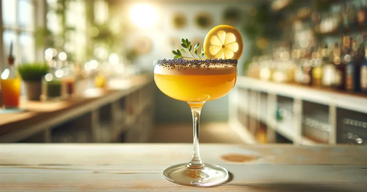 Lemon Poppy Seed Drop, orzeźwiający drink cytrusowy w kieliszku coupe, brzeg z makiem, w tle kuchnia z wiosennym słońcem