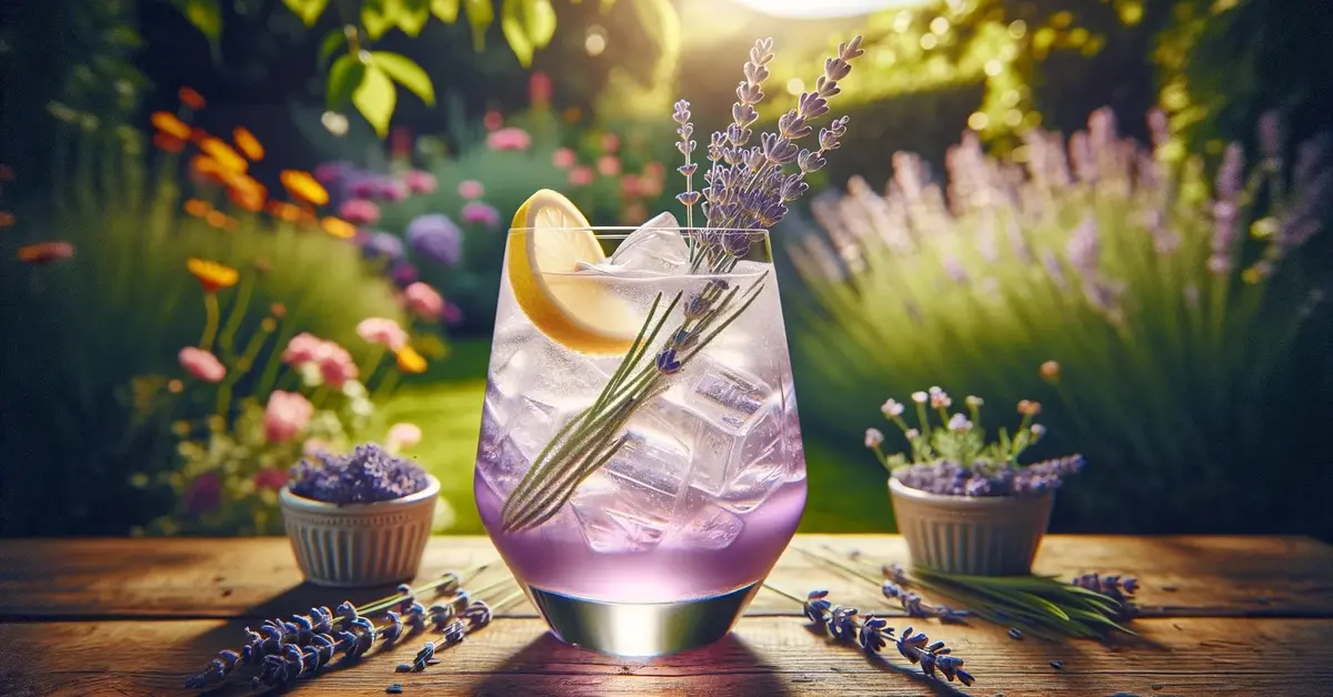Orzeźwiająca lemoniada lawendowa z ginem podana w szklance, na tle malowniczego ogrodu z kwiatami i zielenią.