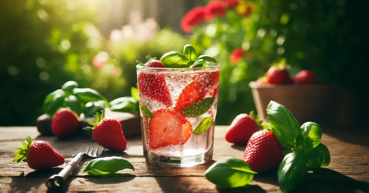 Orzeźwiający letni spritzer z truskawkami i bazylią, podany w szklance na drewnianym stole w ogrodzie, otoczony zielenią