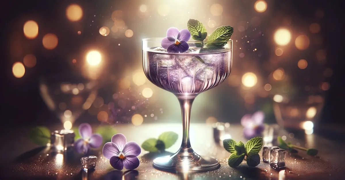 Zdjęcie prezentuje drink Letni wieczór nad Wisłą, o smaku fiołkowym, ozdobiony fiołkami i świeżymi listkami mięty.