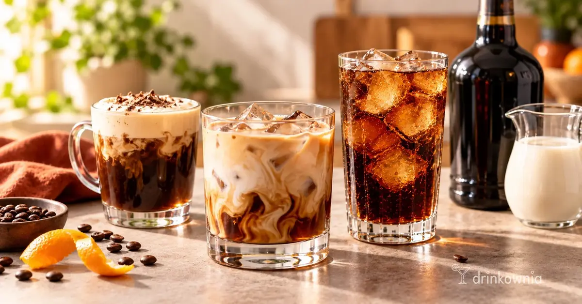 Trzy drinki z likierem kawowym: kawowy z pianką, kremowy z mlekiem i musujący z colą.