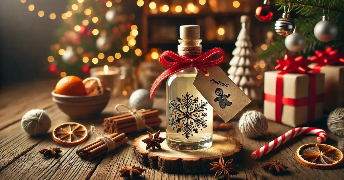 Butelka domowego likieru świątecznego, dookoła ozdoby świąteczne, przyprawy korzenne, idealny pomysł na prezent DIY.
