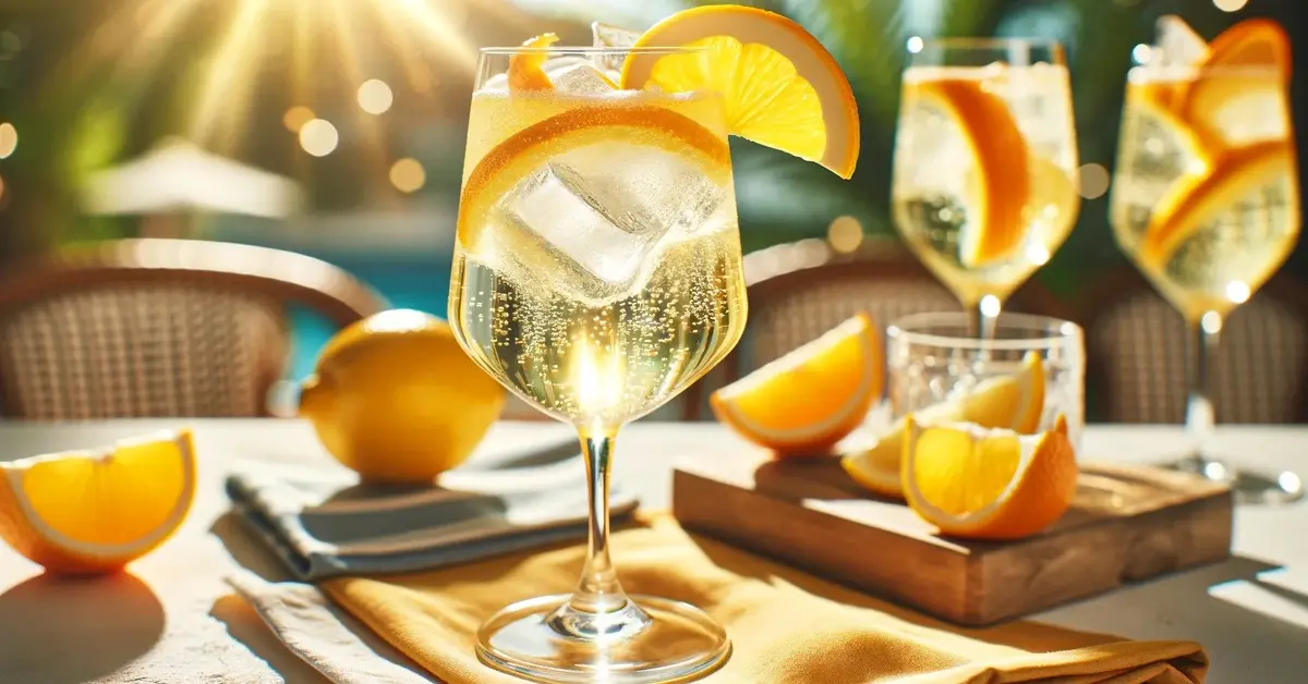 Drink Limoncello Spritz, idealny drink na lato: orzeźwiający, cytrusowy, z prosecco i lodem, z plastrem pomarańczy.