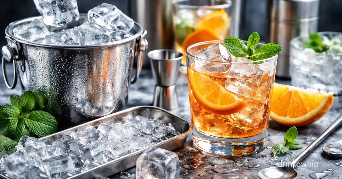 Profesjonalna kostka lodu trzymana szczypcami nad drinkiem – idealny lód do drinków i koktajli.