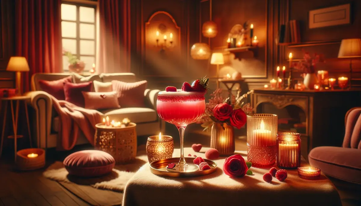 Zdjęcie przedstawia drink Love Potion, o czerwonej barwie, ozdobiony malinami, w romantycznej scenerii.