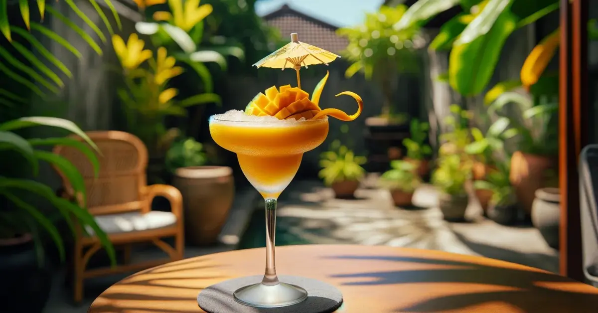 Słoneczne Mango Daiquiri, drink na bazie mango, rumu i wódki, na stole w ogrodzie.