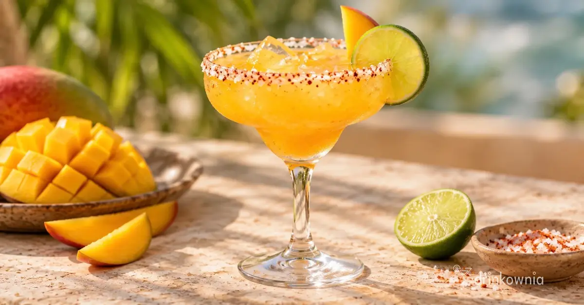 Mango Margarita 0% z limonką, mango i solno-pikantnym rantem podana na lodzie