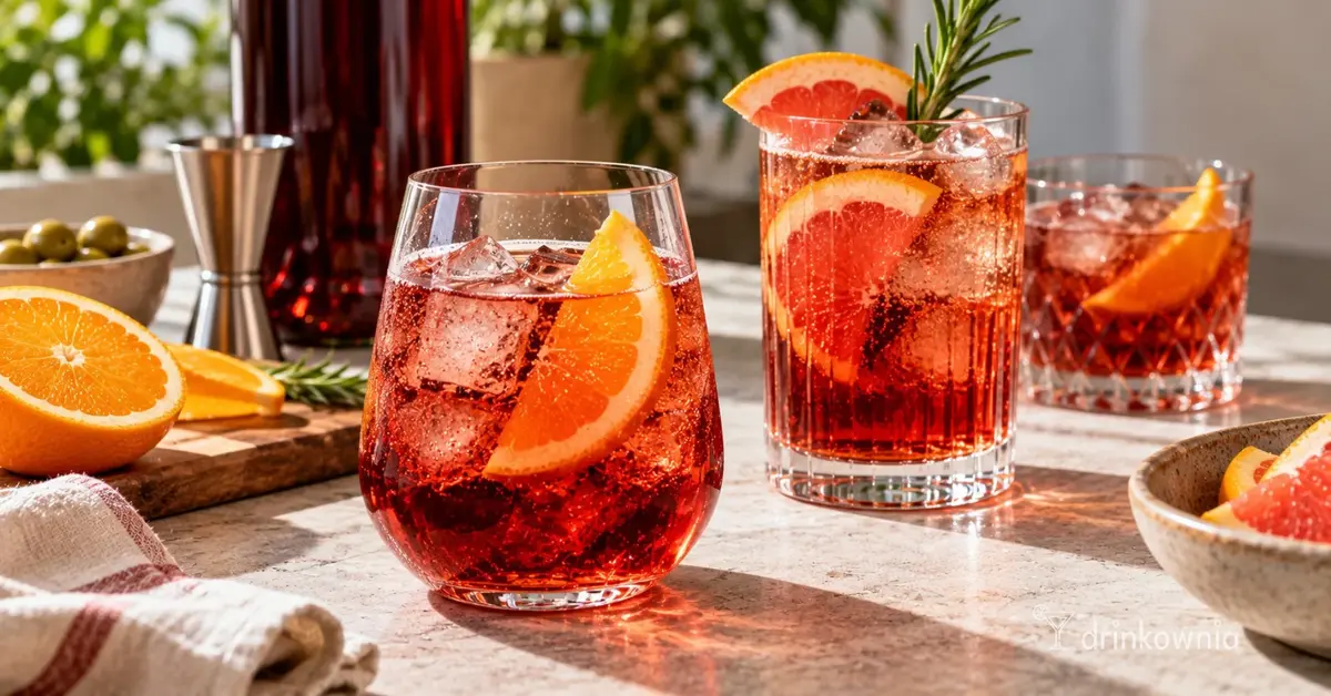 Trzy drinki z Martini Rosso z lodem, pomarańczą i grejpfrutem na jasnym kamiennym blacie.