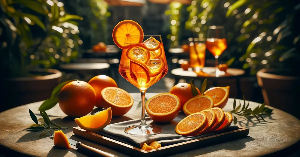 Zdjęcie przedstawia orzeźwiający drink z Metaxą i Prosecco - Metaxa Spritz, w otoczeniu ogrodu, ozdobiony pomarańczami.