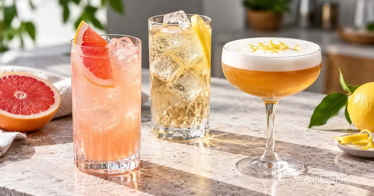 Trzy drinki z Metaxą: różowa Paloma z grejpfrutem, jasny Tonic z lodem i Sour z delikatną pianką.