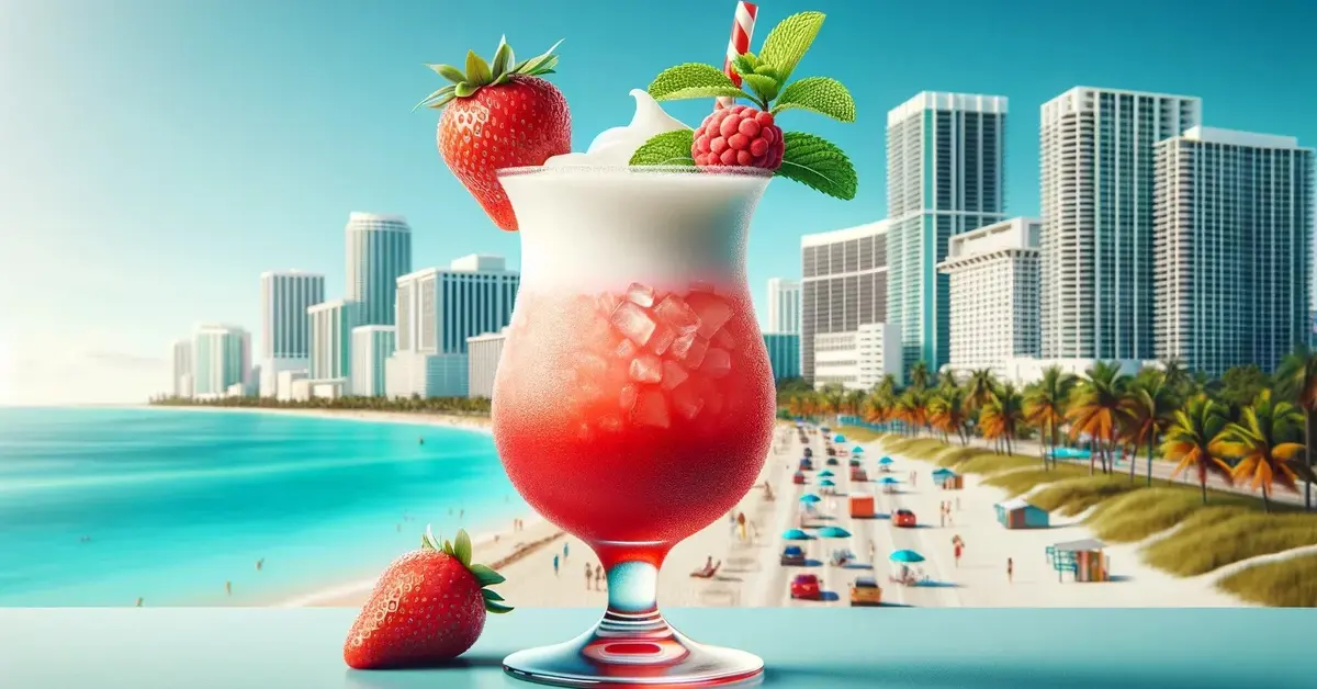 Drink Miami Vice składający się z dwóch warstw: mrożona Truskawkowa Daiquiri na dole i mrożona Pina Colada na górze