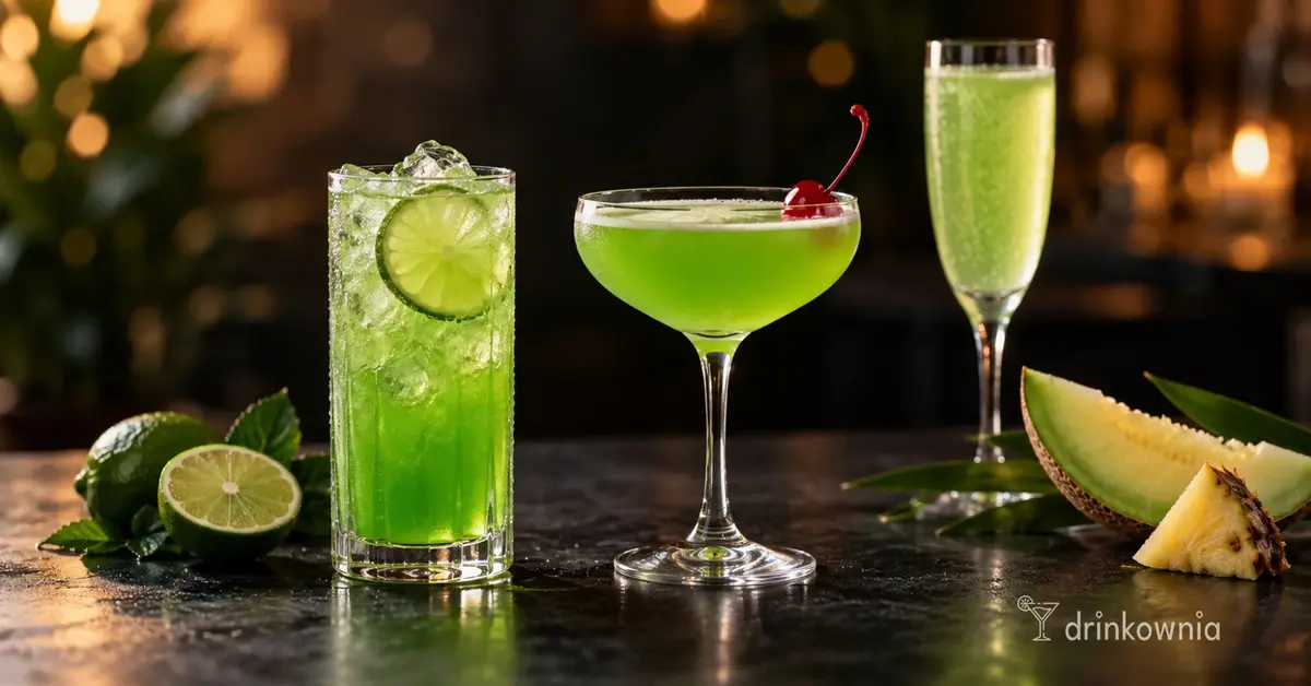 Trzy zielone drinki z likierem melonowym Midori: z limonką, koktajl z wiśnią i musujący drink w kieliszku.