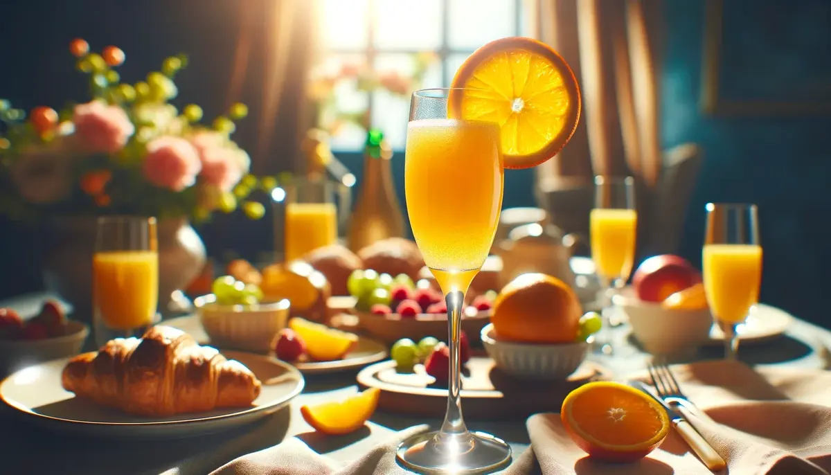 Drink Mimosa w towarzystwie śniadania, w słonecznej scenerii.