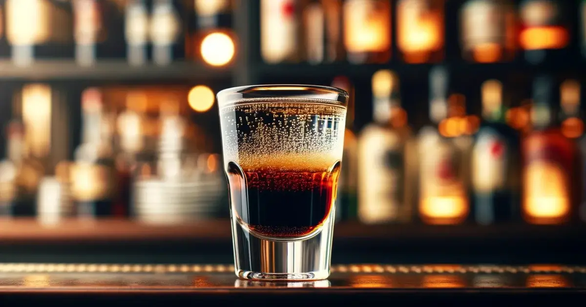 Zdjęcie przedstawia shot Mind Eraser na bazie likieru kawowego i wódki, na tle baru.