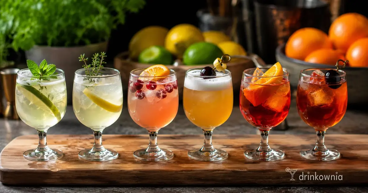 Sześć kolorowych mini koktajli w jednakowych kieliszkach przygotowanych do domowej degustacji.
