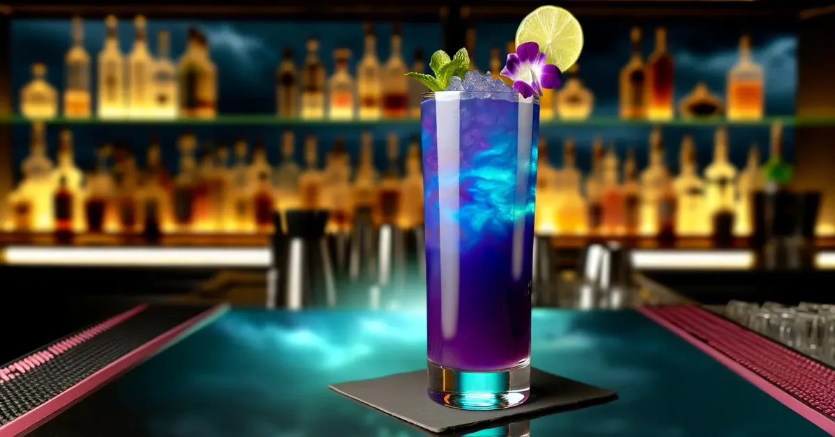 Zdjęcie przedstawia drink Mistyczny Ocean dla osób spod znaku zodiaku Ryby, niebieski i fioletowy, ozdobiony limonką.