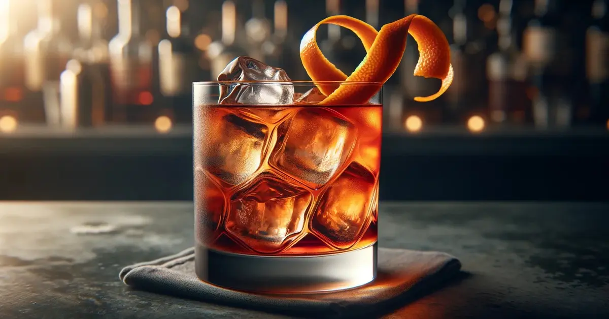 Bezalkoholowy Negroni w szklance lowball, z lodem i skórką pomarańczy, na tle baru.