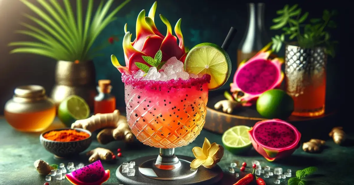 Kolorowe i bogate w detale zdjęcie przedstawia bezalkoholowy drink Ognisty Smok ozdobiony tropikalnymi owocami.