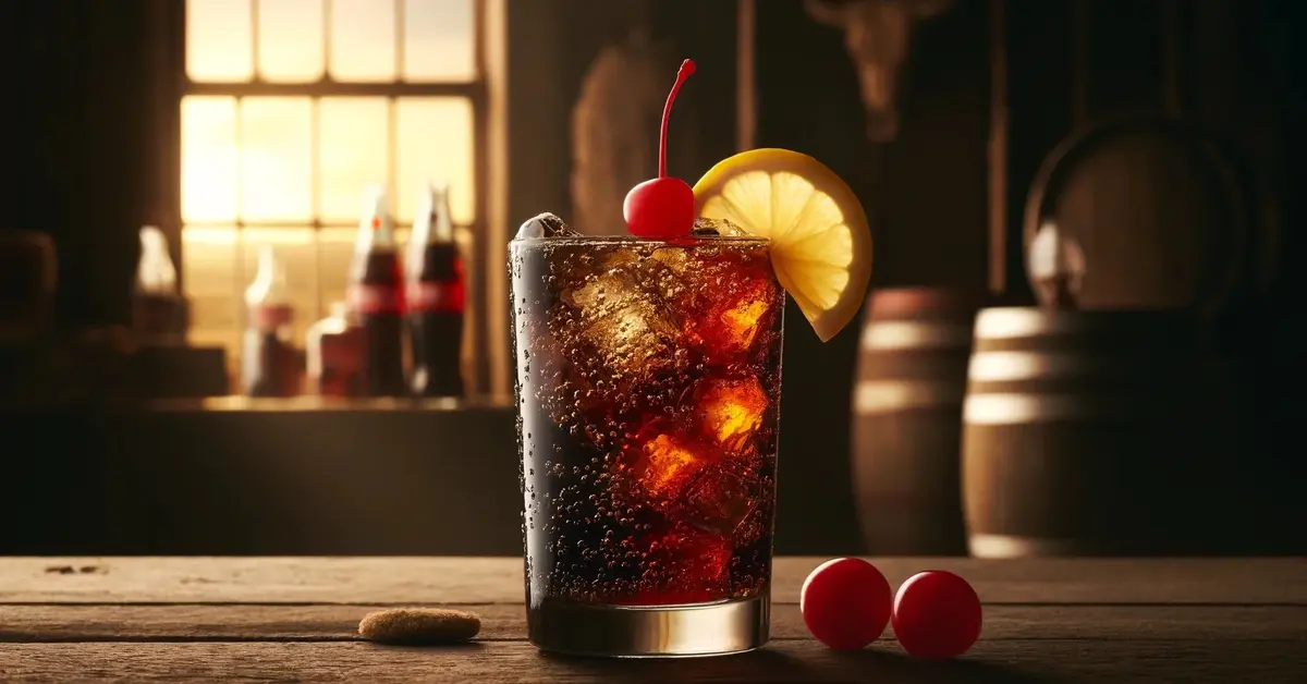 Zdjęcie przedstawia mocktail Roy Rogers, bezalkoholowy drink z grenadyną, colą, wiśnią i cytryną, w szklance highball.