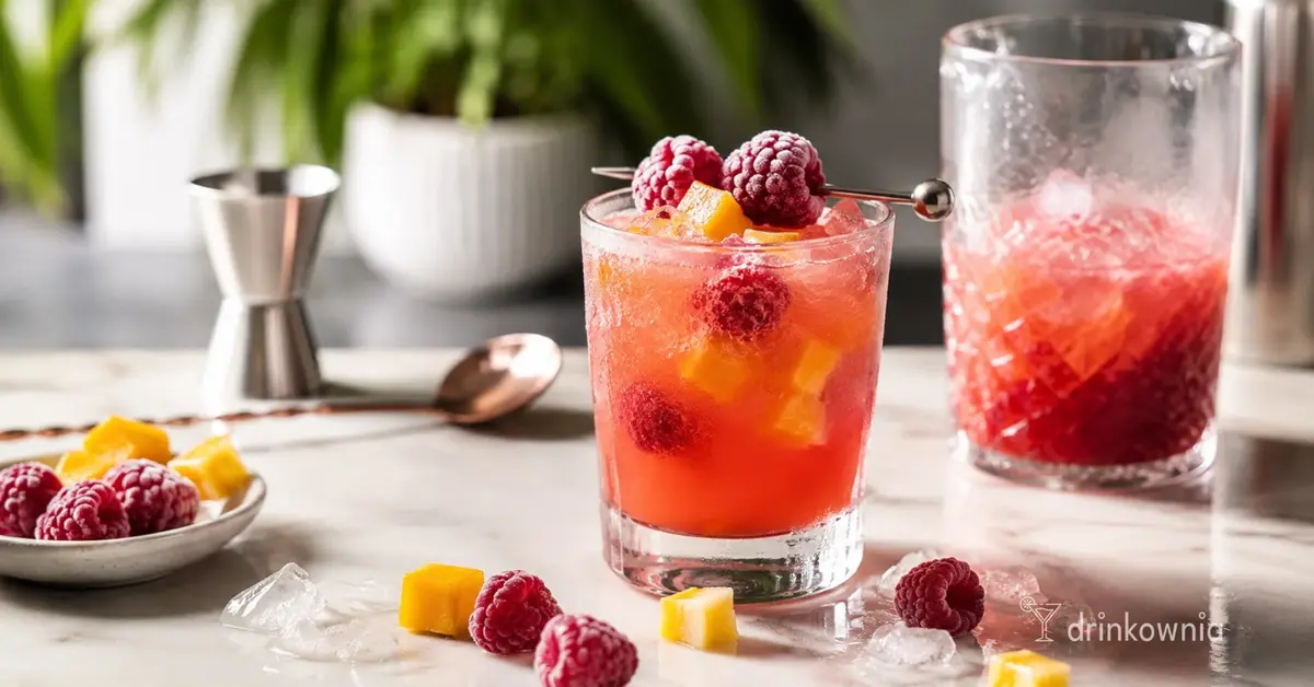 Drink z mrożonymi malinami i mango na jasnym blacie z lodem i owocami.