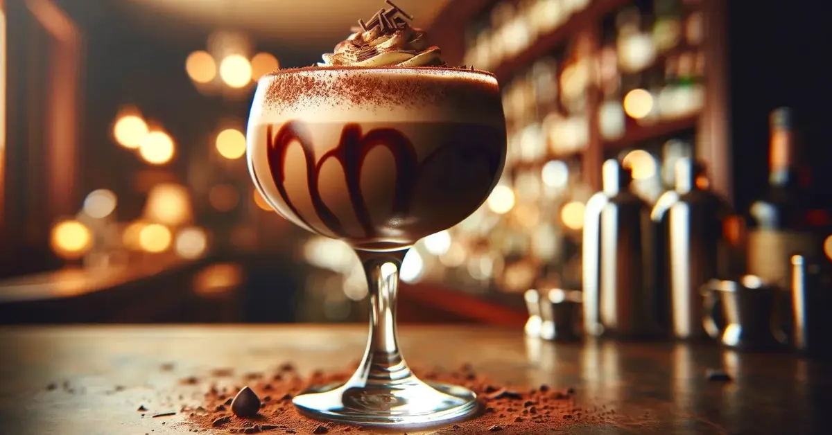 Zdjęcie drinka Mudslide, w kieliszku typu coupe, ozdobionym sosem czekoladowym i bitą śmietaną