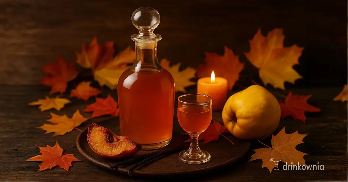 Nalewka z pieczonej pigwy i wanilii na jesiennym tle z liśćmi, świecą i owocem pigwy, w szkle o ciepłym kolorze miodu.