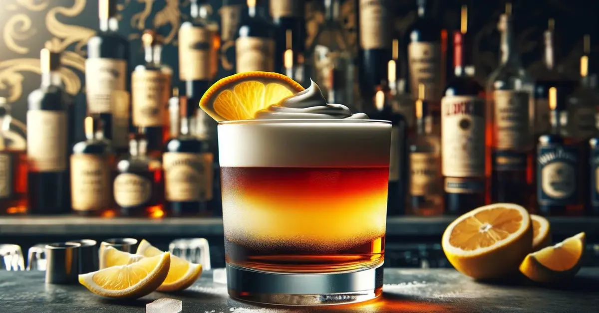 Zdjęcie przedstawia drink New York Sour, z whisky, warstwą czerwonego wina i pianką z białka jajka.