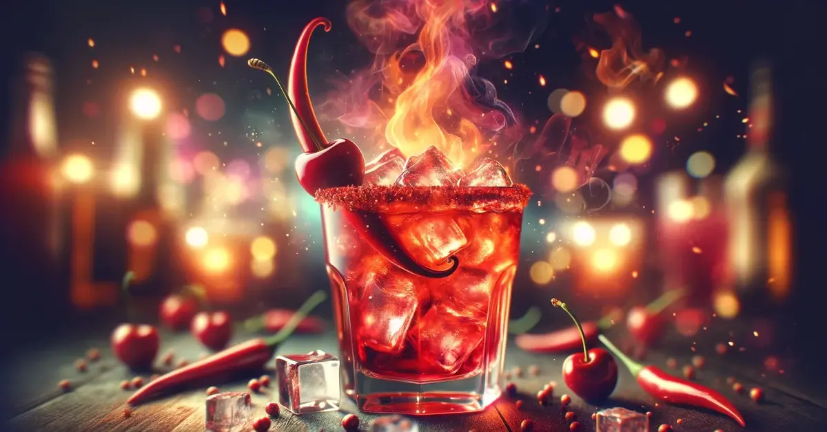 Zdjęcie przedstawia drink Ognista Wisienka, oddaje jego charakter, połączenie słodyczy wiśni z pikantnym akcentem chili.