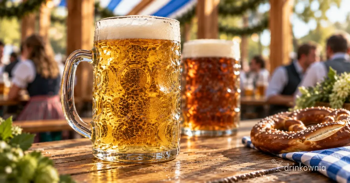 Dwa kufle piwa Festbier i Märzen oraz precel w bawarskim ogródku piwnym podczas Oktoberfestu