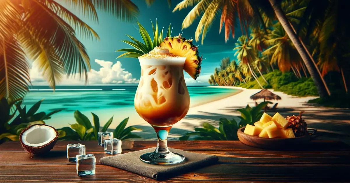 Na zdjęciu kremowy tropikalny drink Painkiller, na bazie rumu, ananasa, pomarańczy i kokosa, w tle egzotyczna plaża.