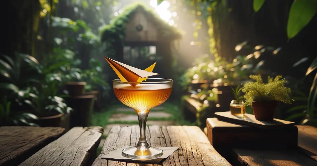 Zdjęcie przedstawia drink Paper Plane, z burbonem, Aperolem i Amaro, wśród bujnej zieleni ogrodu.